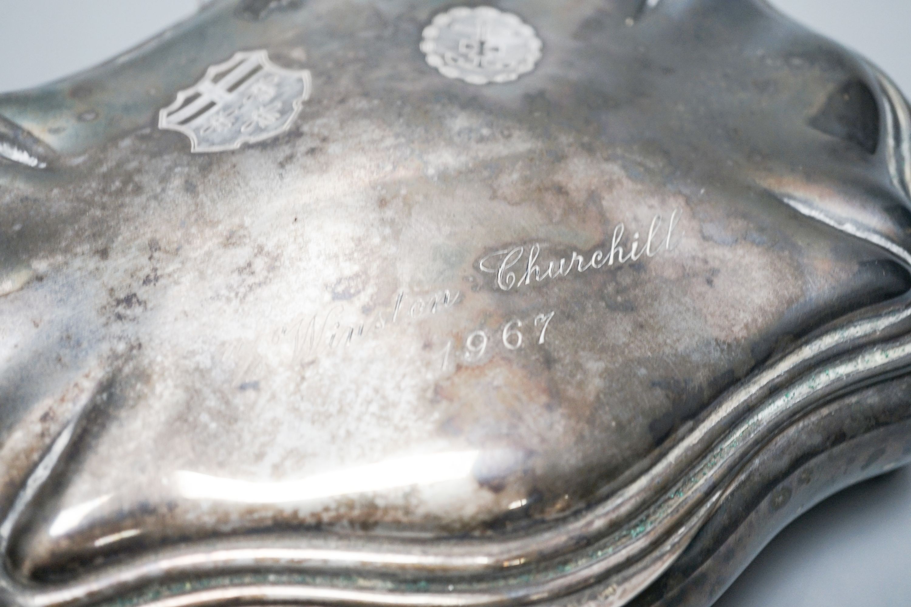 A 20th century Italian 800 standard white metal trinket box, once belonging to Clementine Churchill, 22cm.